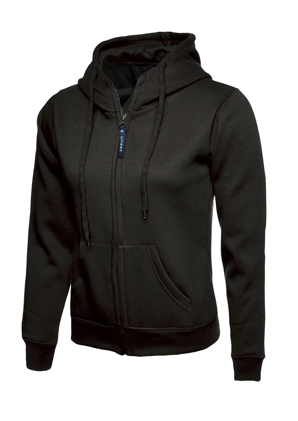 Black full-zip hoodie with hood, drawstring, front kangaroo pockets, and ribbed cuffs. Slim, fitted silhouette.