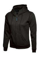 Black full-zip hoodie with hood, drawstring, front kangaroo pockets, and ribbed cuffs. Slim, fitted silhouette.