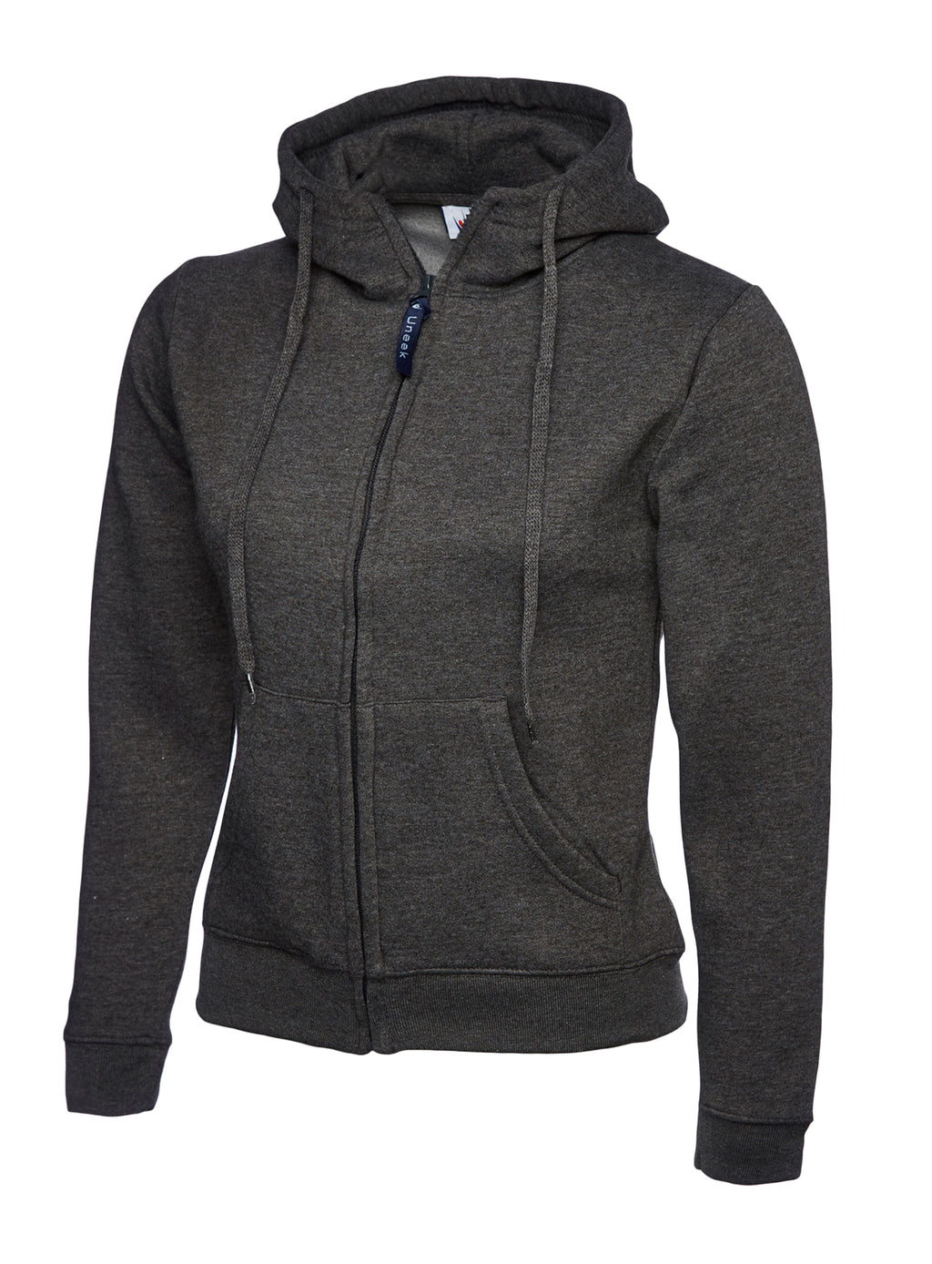 Charcoal grey full-zip hooded sweatshirt with drawstring, kangaroo pockets, and a slim, fitted silhouette.
