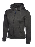 Charcoal grey full-zip hooded sweatshirt with drawstring, kangaroo pockets, and a slim, fitted silhouette.