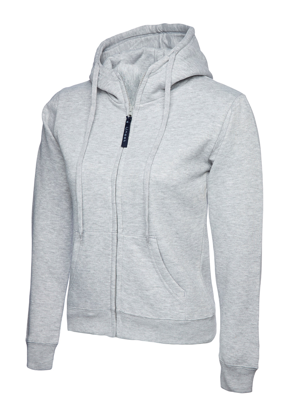 Light grey zip-up hoodie with hood, drawstring, front pockets, and fitted silhouette.