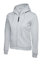 Light grey zip-up hoodie with hood, drawstring, front pockets, and fitted silhouette.