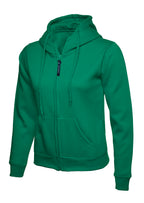 Kelly green full-zip hooded sweatshirt with ribbed cuffs and hem, front pockets, and matching drawstring hood.