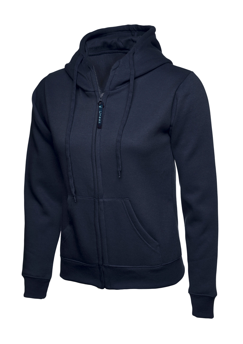 Navy blue full-zip hooded sweatshirt with drawstring, ribbed cuffs, and two front pockets in a regular fit.