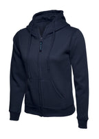 Navy blue full-zip hooded sweatshirt with drawstring, ribbed cuffs, and two front pockets in a regular fit.
