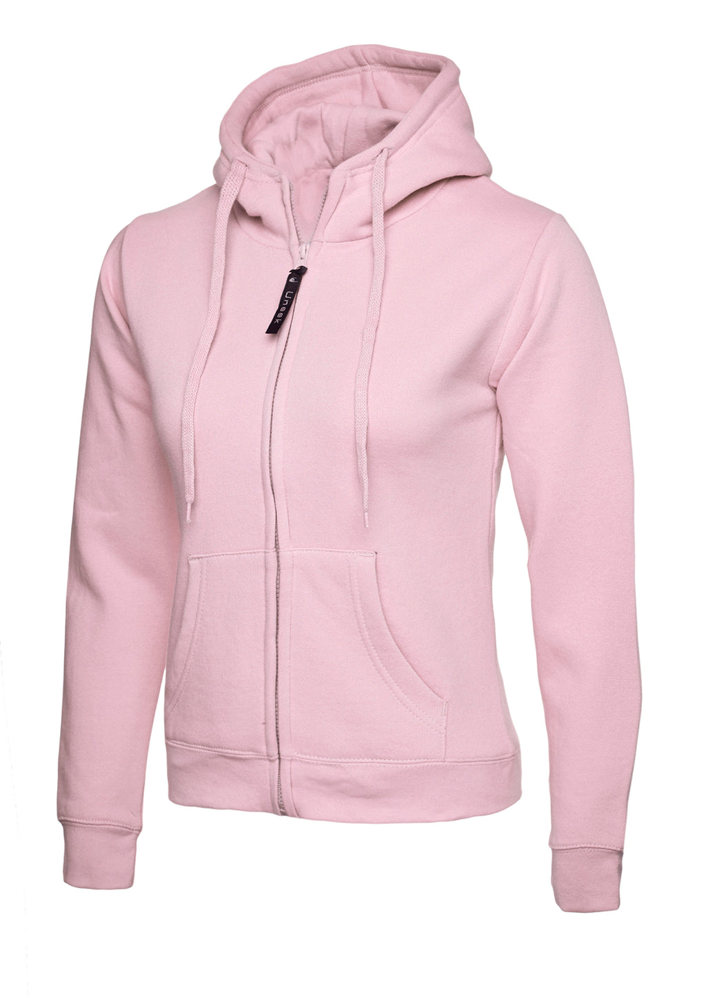 Pastel pink slim-fit zip-up hoodie with a drawstring hood, long sleeves, and two front pouch pockets.