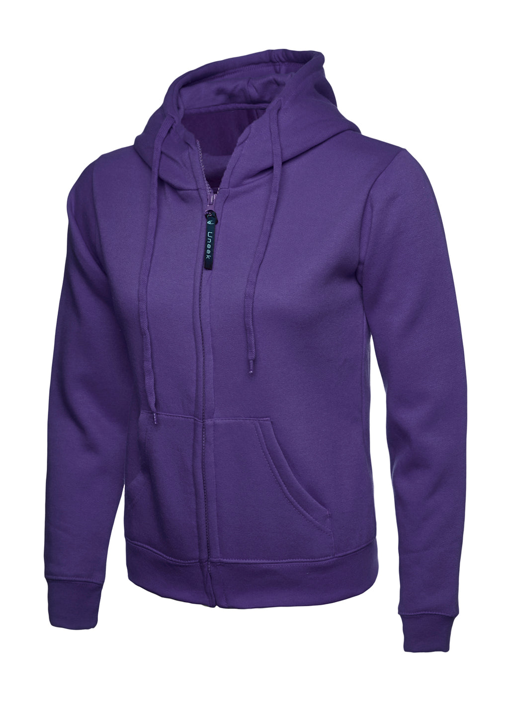 Purple zip-up hoodie with hood, drawstring, front pockets, ribbed cuffs, and regular fit.