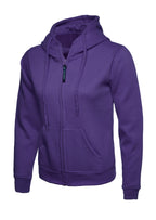 Purple zip-up hoodie with hood, drawstring, front pockets, ribbed cuffs, and regular fit.