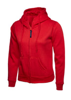 Red zip-up hooded sweatshirt with drawstring, ribbed cuffs, and front pockets. Standard fit.