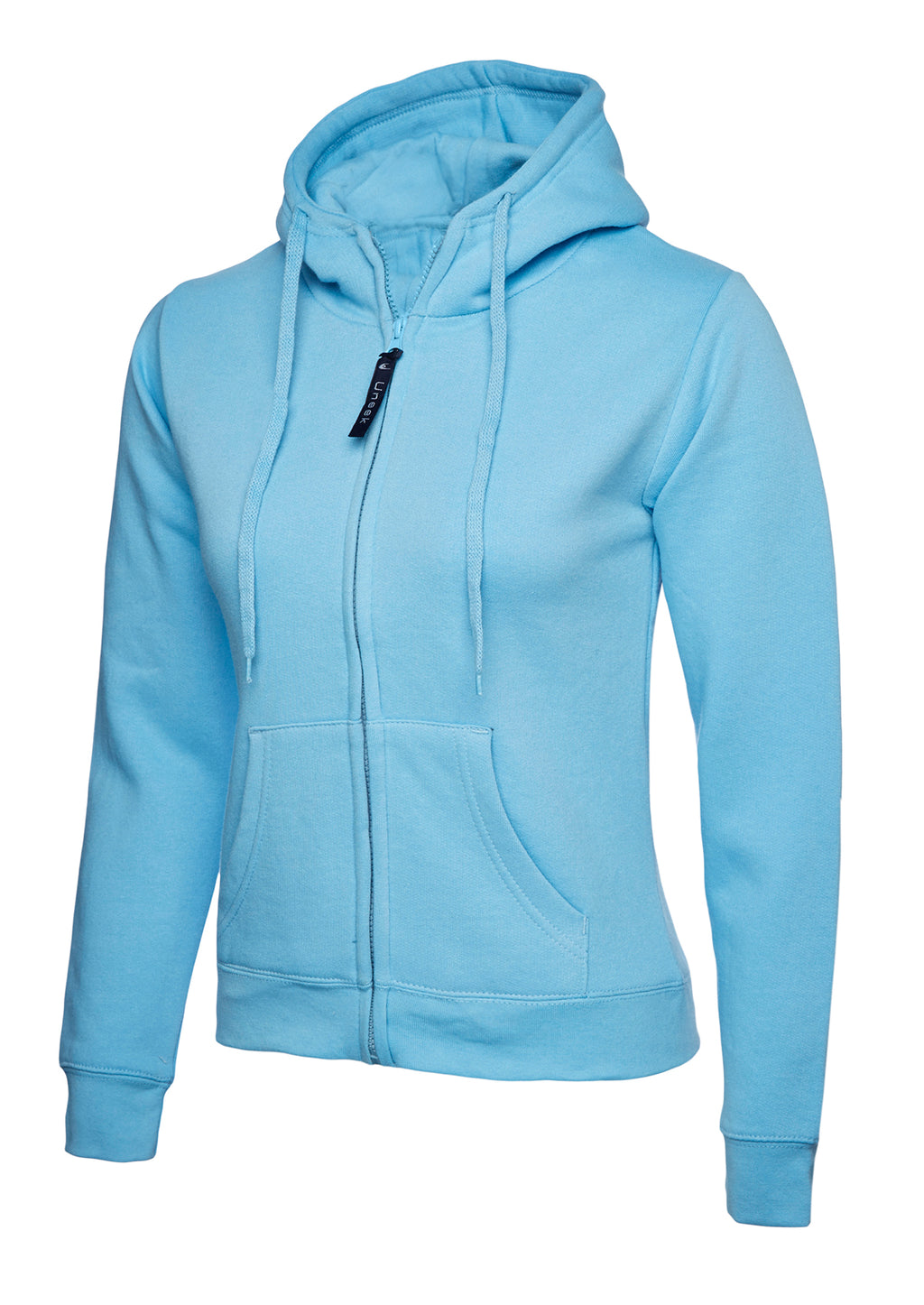 Light blue fitted zip-up hooded sweatshirt with a drawstring hood and front pouch pocket.
