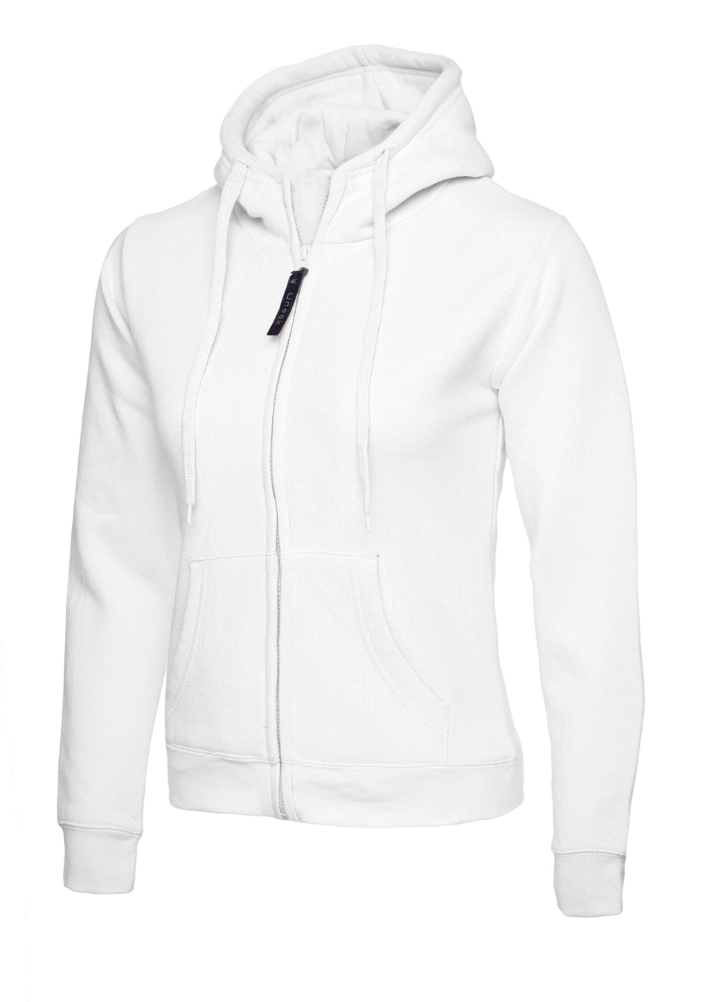 White zip-up hoodie with a drawstring hood, kangaroo pockets, and a slim fit, isolated on a white background.