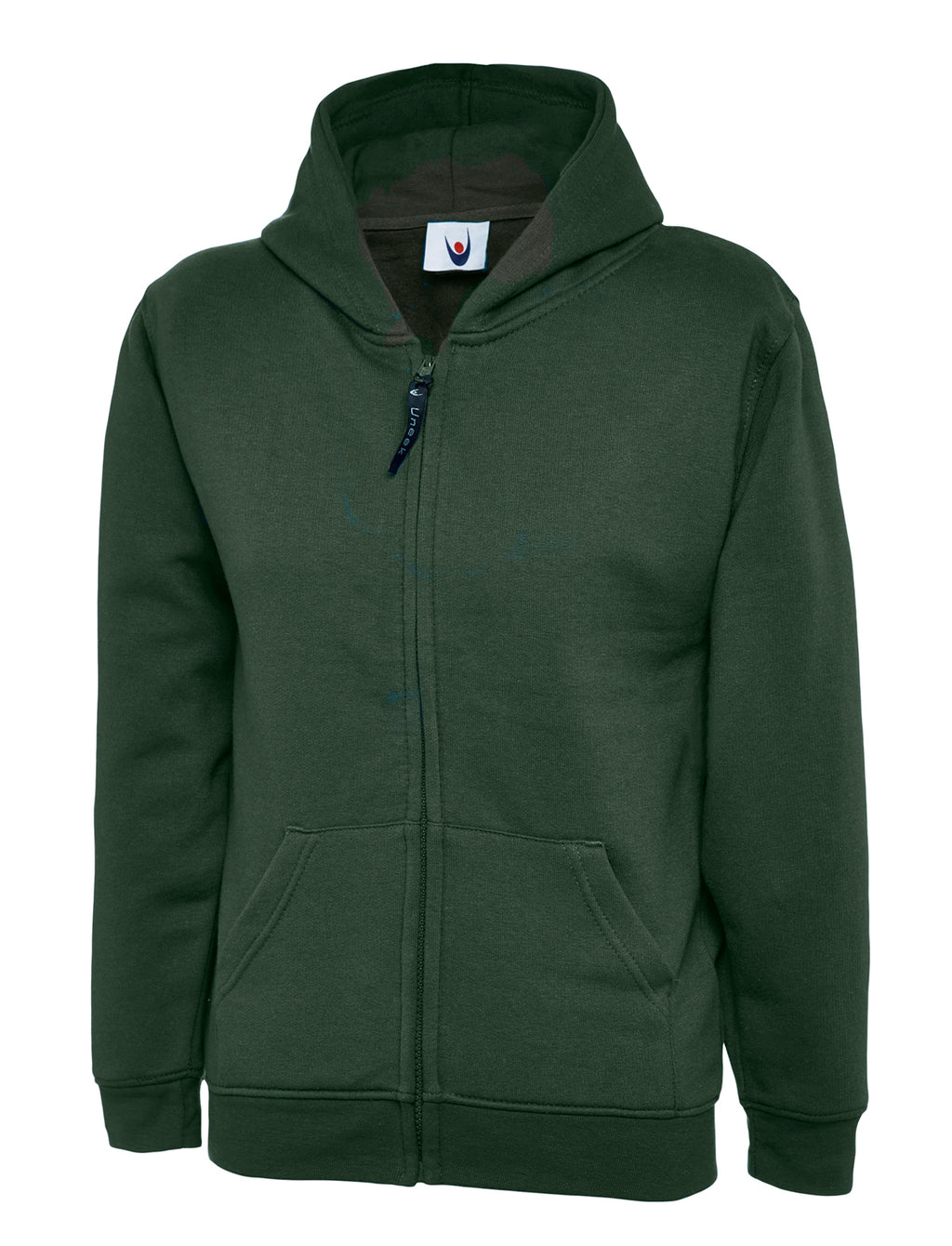 Bottle green zip-up hooded sweatshirt with two front pockets, long sleeves, and a standard, relaxed fit.