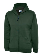 Bottle green zip-up hooded sweatshirt with two front pockets, long sleeves, and a standard, relaxed fit.