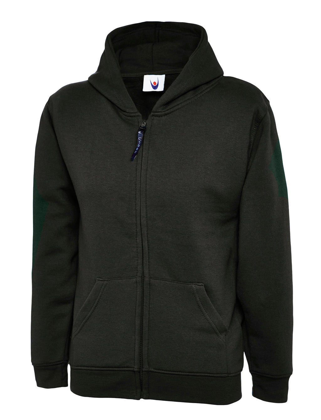 Dark green full-zip hoodie with hood, front pockets, long sleeves, and a regular fit.