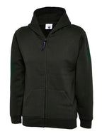Dark green full-zip hoodie with hood, front pockets, long sleeves, and a regular fit.