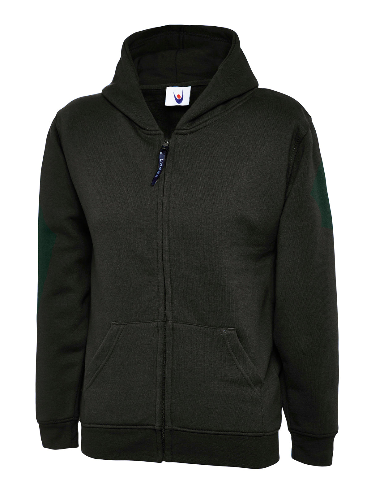 Dark green full-zip hoodie with hood, front pockets, long sleeves, and a regular fit.