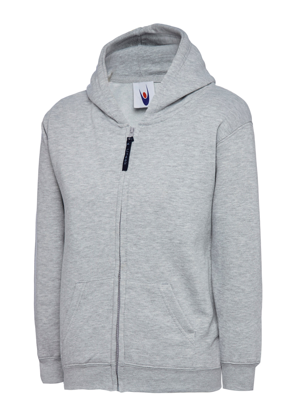 Grey full-zip hoodie with a hood, long sleeves, two front pockets, and a regular fit.