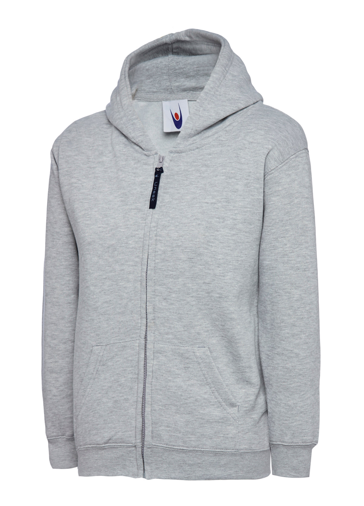 Grey full-zip hoodie with a hood, long sleeves, two front pockets, and a regular fit.