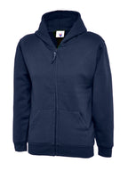 Navy blue zip-up hooded sweatshirt with two front pockets, ribbed cuffs, and a regular fit.