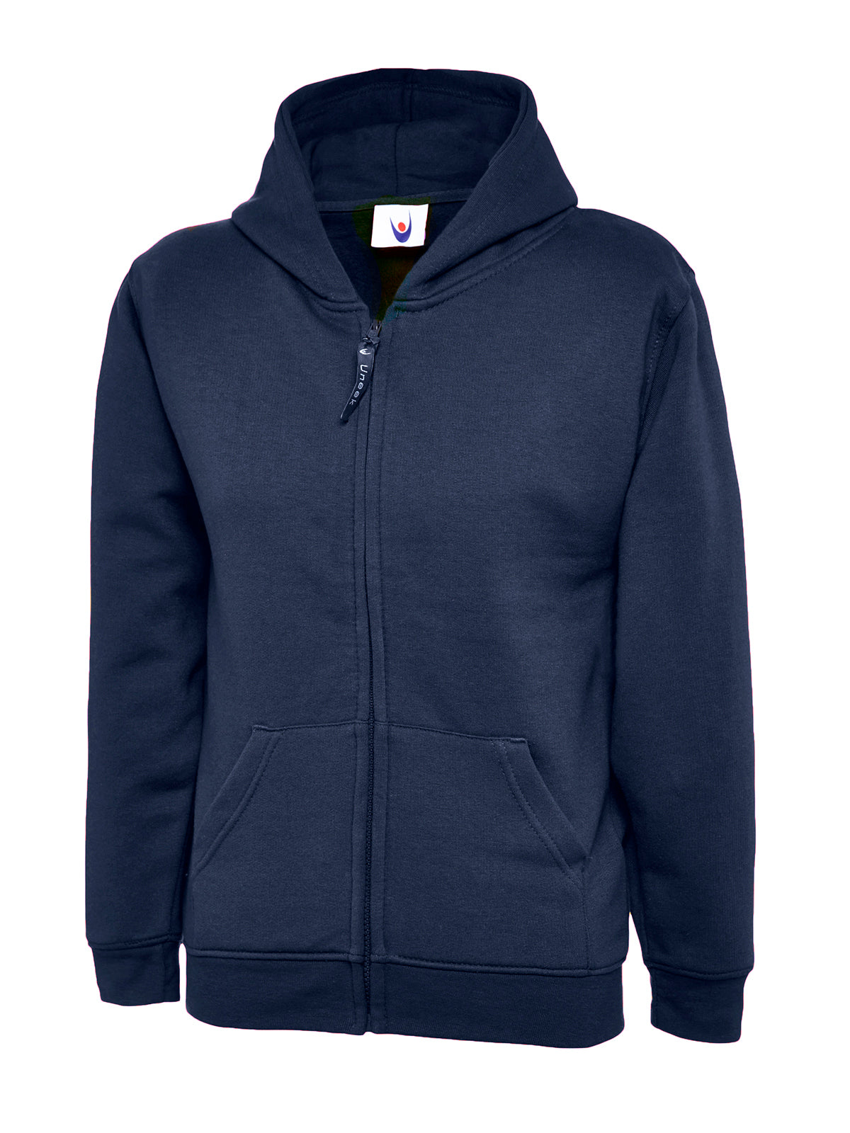 Navy blue zip-up hooded sweatshirt with two front pockets, ribbed cuffs, and a regular fit.