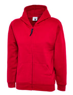 Bright red zip-up hoodie with a drawstring-free hood, two front pockets, and a regular fit.