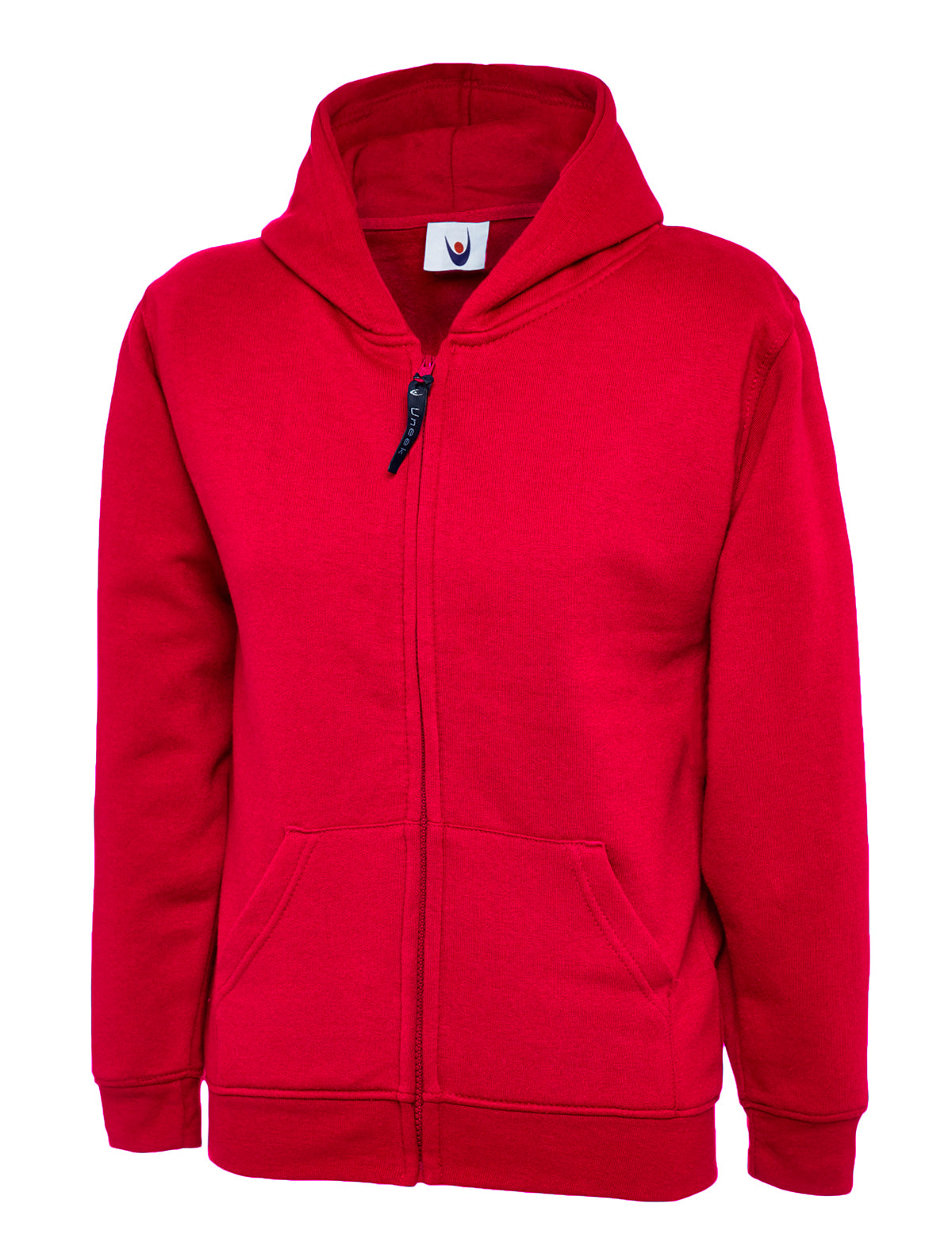 Bright red zip-up hoodie with a drawstring-free hood, two front pockets, and a regular fit.