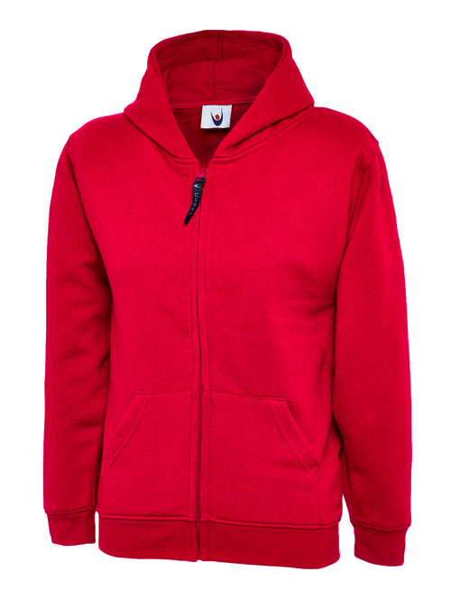 Bright red zip-up hoodie with a drawstring-free hood, two front pockets, and a regular fit.
