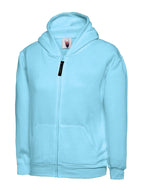 Light blue zip-up hooded sweatshirt with two front pockets, ribbed cuffs, and a relaxed fit.