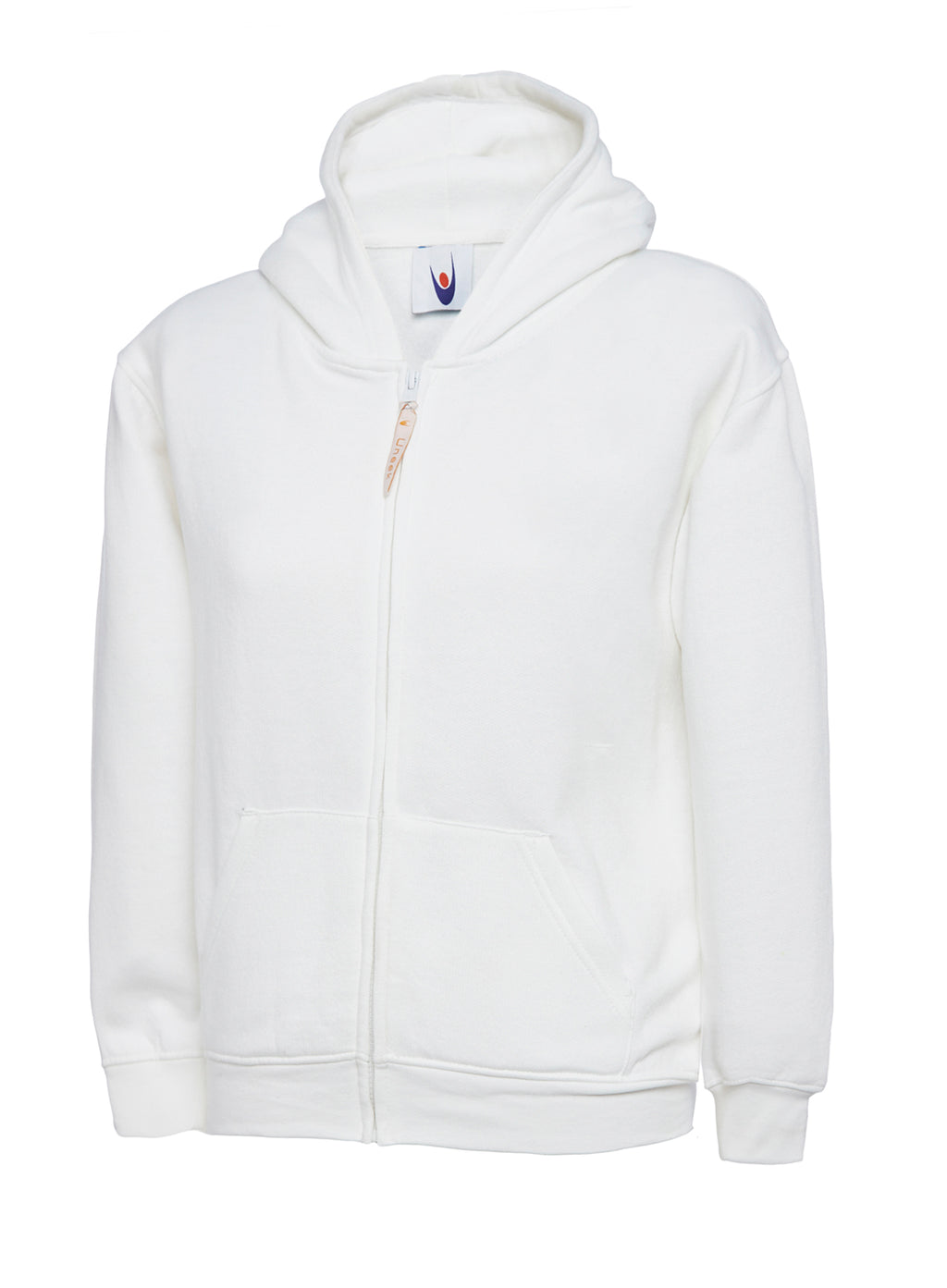 White unisex zip-up hoodie with a drawstring hood, long sleeves, and a front pouch pocket. Relaxed fit.