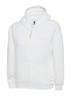 White unisex zip-up hoodie with a drawstring hood, long sleeves, and a front pouch pocket. Relaxed fit.