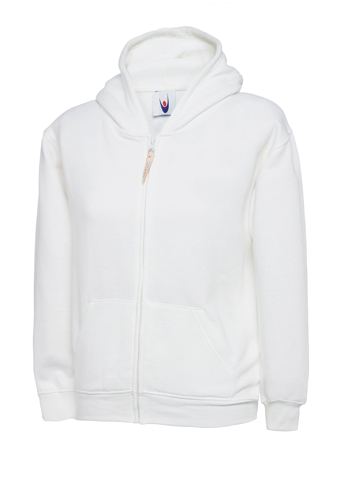 White unisex zip-up hoodie with a drawstring hood, long sleeves, and a front pouch pocket. Relaxed fit.