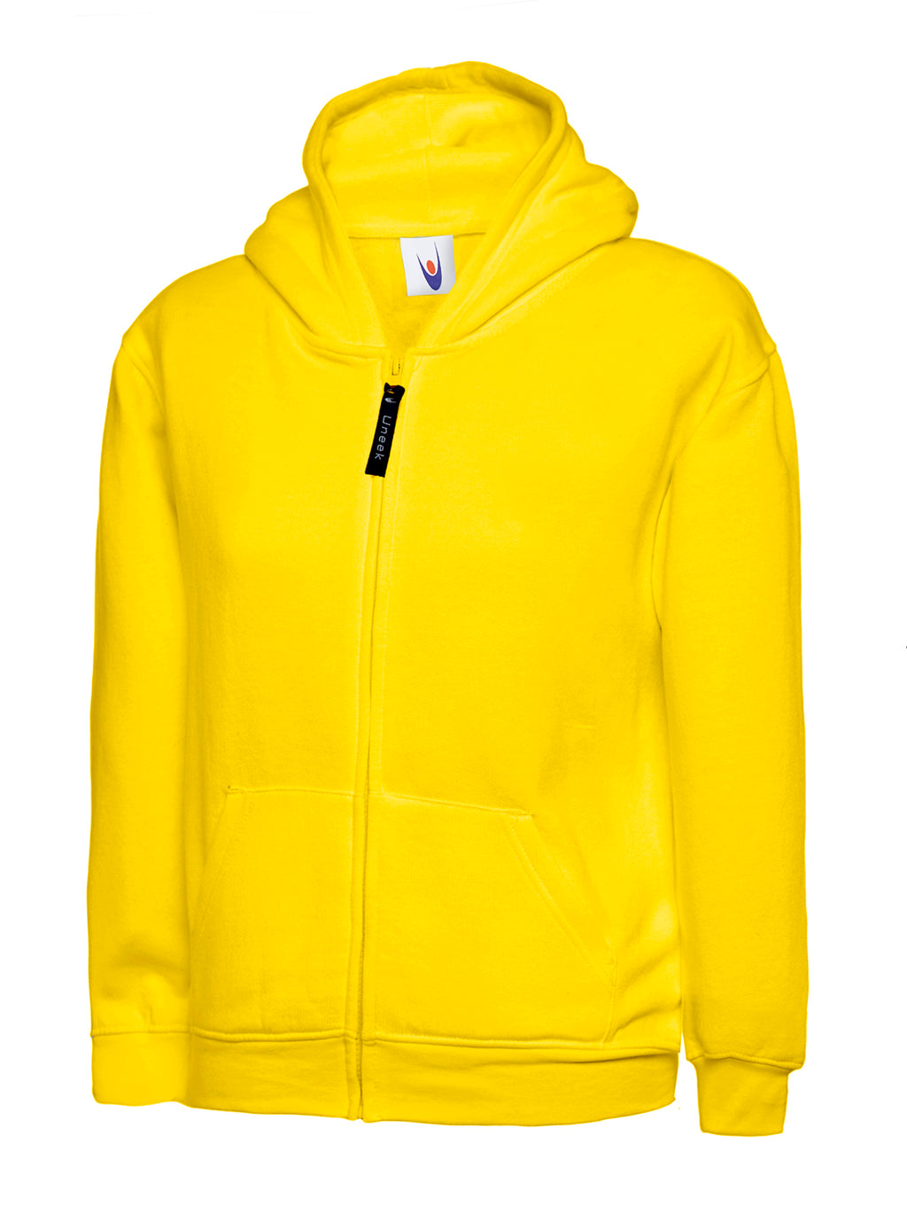 Bright yellow full-zip hoodie with hood, ribbed cuffs and hem, and front pouch pockets in a standard, relaxed fit.