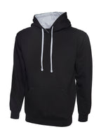 Black pullover hoodie with grey hood lining and matching drawstrings, featuring a front pouch pocket and regular fit.
