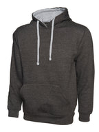 Charcoal grey pullover hoodie, standard fit, with a contrasting light grey hood lining and matching drawstrings.