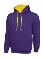 Purple pullover hoodie with yellow drawstring and inner hood lining, kangaroo pocket, and relaxed fit.
