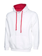 White pullover hoodie with a red hood lining and red drawstring, featuring a kangaroo pocket and regular fit.
