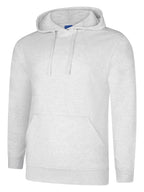 Light gray heather fleece pullover hoodie with a drawstring hood, long sleeves, and a front kangaroo pocket.