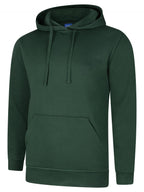 Dark green long-sleeve pullover hoodie with a drawstring hood, ribbed cuffs, and a front kangaroo pocket. Regular fit.