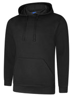 Solid black long-sleeve hooded sweatshirt with a front kangaroo pocket, drawstring hood, and a regular fit.