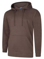 Dark brown long-sleeve hoodie in a regular fit with a drawstring hood and a front kangaroo pocket.