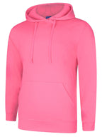 Hot pink pullover hoodie with long sleeves, a drawstring hood, and a front kangaroo pocket in a standard fit.