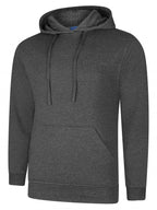 Charcoal grey long-sleeve hoodie in a classic fit, featuring a drawstring hood and a front kangaroo pocket.