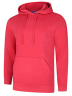 Bright red long-sleeve pullover hoodie with a drawstring hood, ribbed cuffs, and a front kangaroo pocket. Regular fit.
