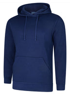 Navy blue pullover hoodie with a drawstring hood, long sleeves, and a front kangaroo pocket in a standard fit.