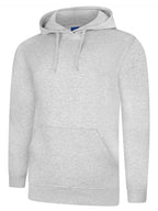 Light heather gray pullover hoodie with a drawstring hood, long sleeves, and a front kangaroo pocket. Regular fit.