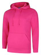 Fuchsia long-sleeve hooded sweatshirt with a front kangaroo pocket, drawstring hood, and ribbed cuffs. Regular fit.