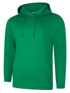 Green long-sleeve hooded sweatshirt with a front kangaroo pocket, drawstring hood, and ribbed cuffs and hem.