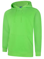 Lime green pullover hoodie with a drawstring hood, long sleeves, front kangaroo pocket, and a regular fit.