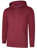 Maroon pullover hoodie with long sleeves, matching drawstring hood, kangaroo pocket, and ribbed cuffs. Regular fit.