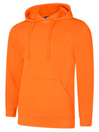 Bright orange long-sleeve hooded sweatshirt with a front kangaroo pocket, drawstring hood, and relaxed fit.